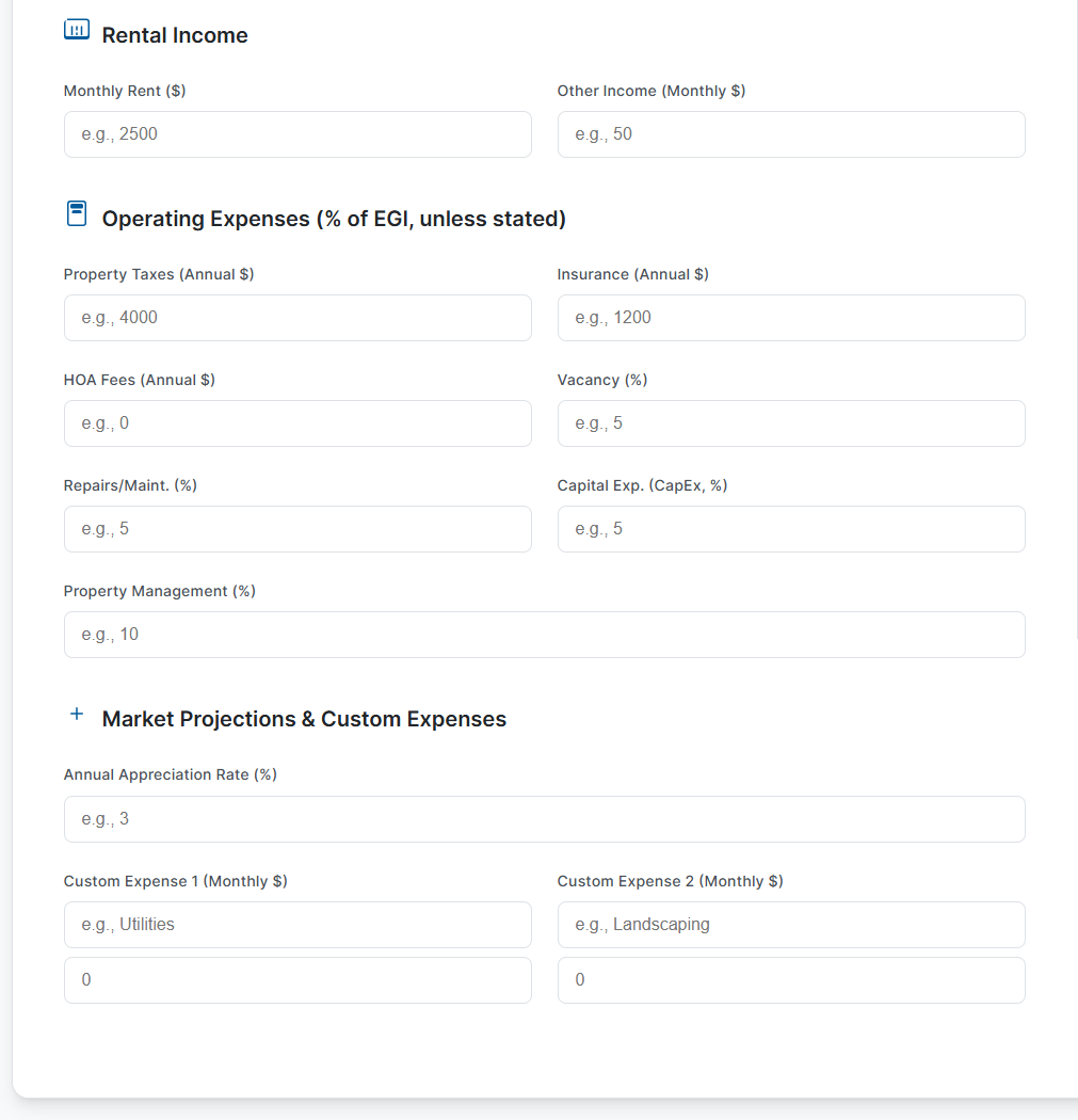Detailed input fields for rental income and operating expenses
